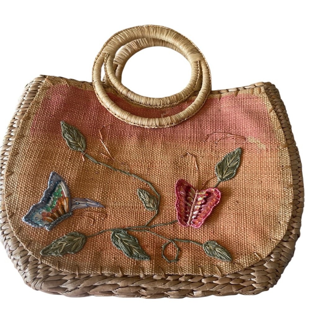 Cappelli Straw Embroidered Butterfly Boho Bag Coastal‎ Grandma Whimsy Sequins